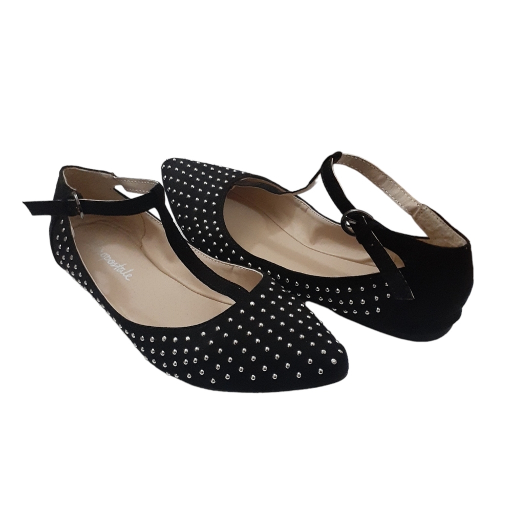 New! Aeropostale Women's Studded Pointy Toe T-Strap Flats, Black, Size: 6M